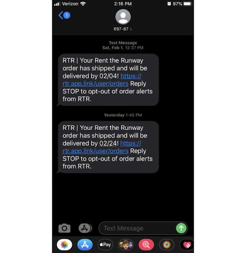 automated text message example of shipping notifications